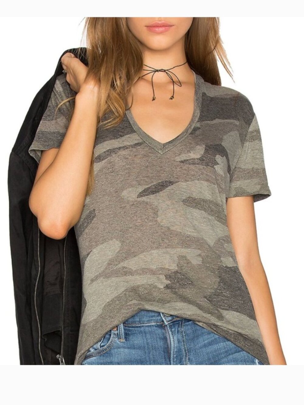 Monrow Camo V-Neck Tee Small
